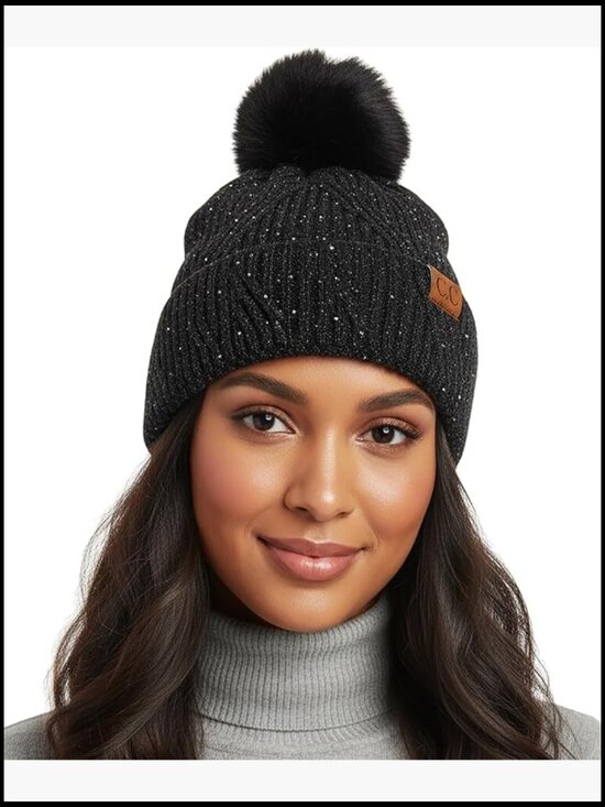 Cable Knit Beanie with Pom, Acrylic Blend, Warm Stretchable Hat Womens Acrylic Cable Knit Beanie with Pom Poms Ribbed Cuff  main image 4